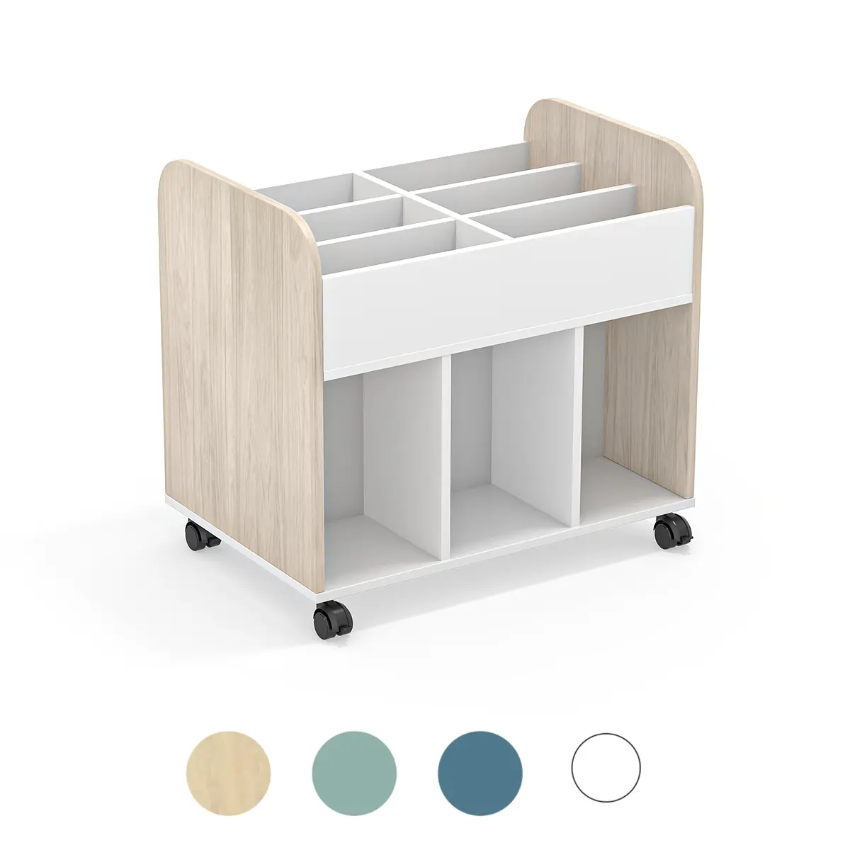 Bücherksiste | Beidseitig nutzbar 77,5 cm Höhe - 19 mm Spanplatten - Feststellbare Rollen - EN 1729 geprüft