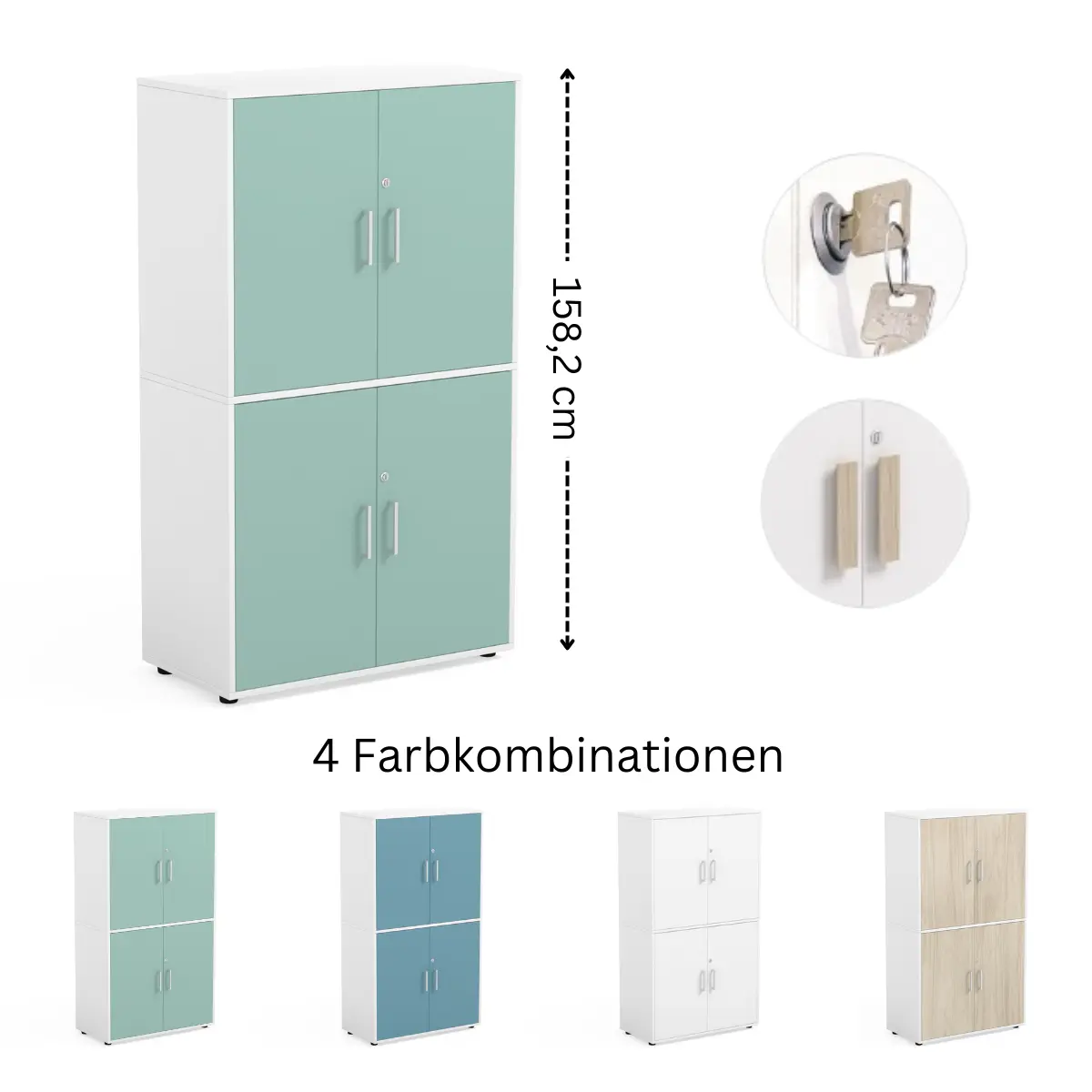 Flügeltürenschrank | 4 abschließbare Türen - 158,2 cm Höhe - 19 mm Spanplatten - 2 Jahre Garantie