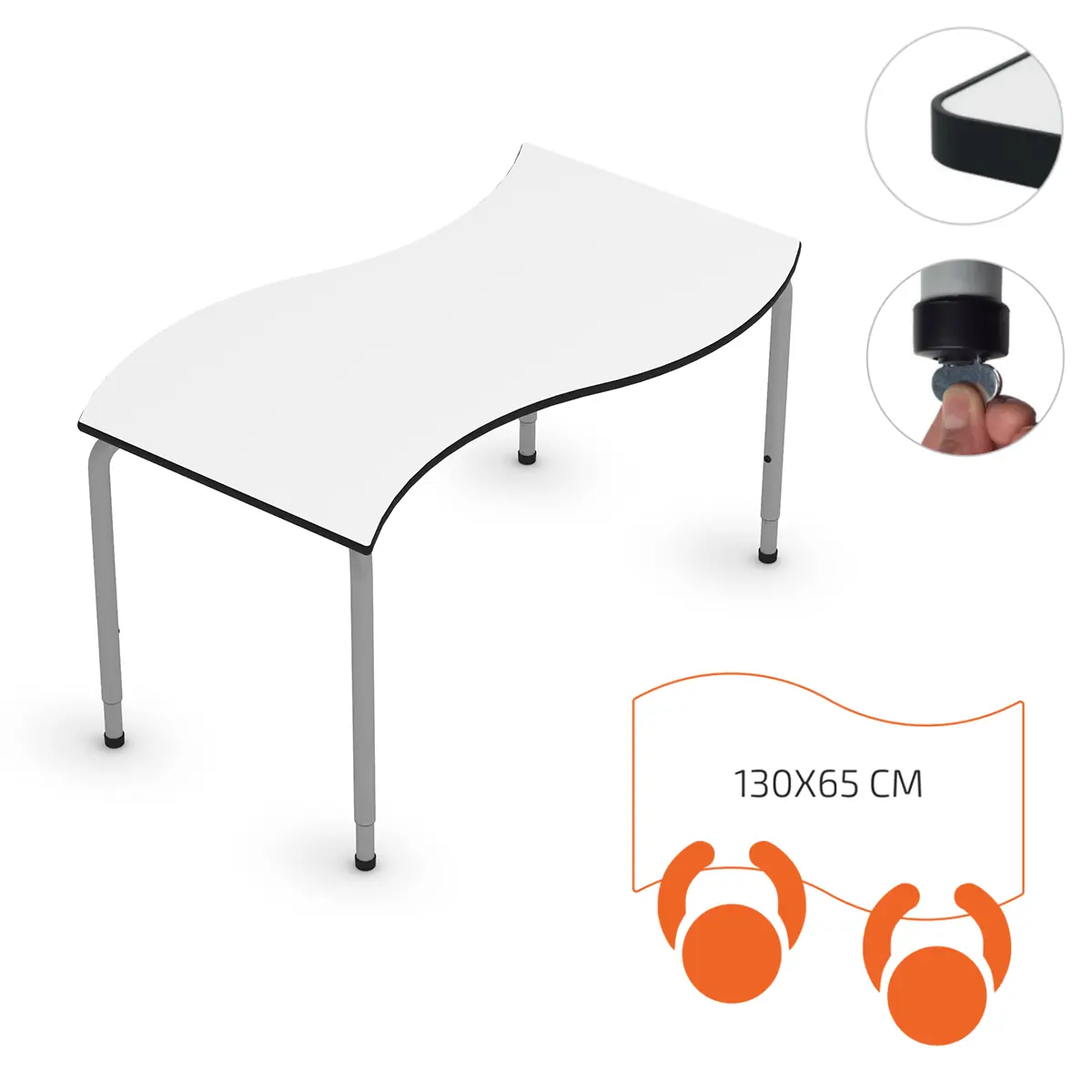 Höhenverstellbarer Schultisch | 46-76 cm - 130 x 65 cm Wellentisch - EN 1729 zertifiziert - ABS-Kantenschutz