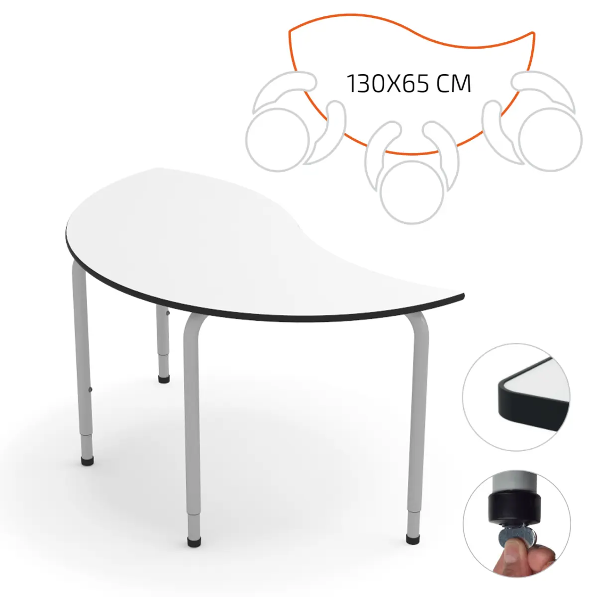 Halbrund-Schultisch | Höhenverstellbar 46-76 cm - EN 1729 zertifiziert - ABS-Kantenschutz 1,5 mm - 130 x 65 cm Arbeitsfläche