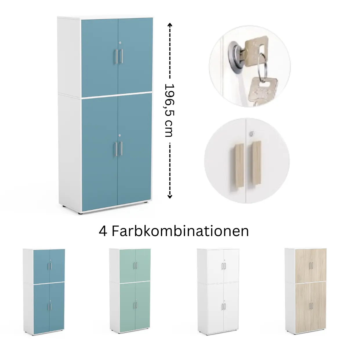 Klassenzimmerschrank abschließbar | 196,5 cm Höhe - 4 verschließbare Flügeltüren - 5 separate Fächer - 19 mm Spanplatten
