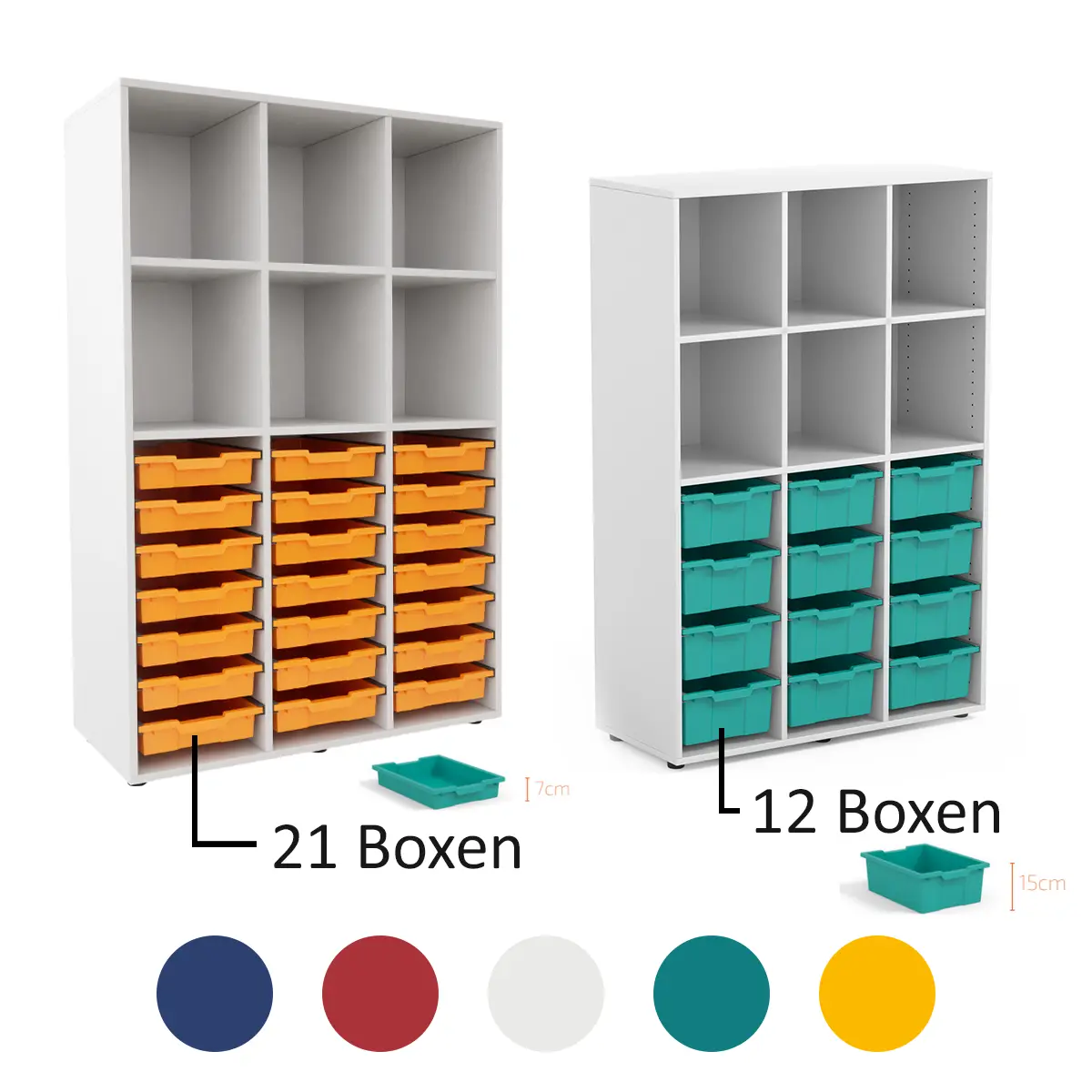 Materialschrank Klassenzimmer | 12 - 21 Kunststoffschübe + 6 Fächer - 103,9 x 158,2 cm - 19 mm Melaminplatten - Höhenverstellbare Füße