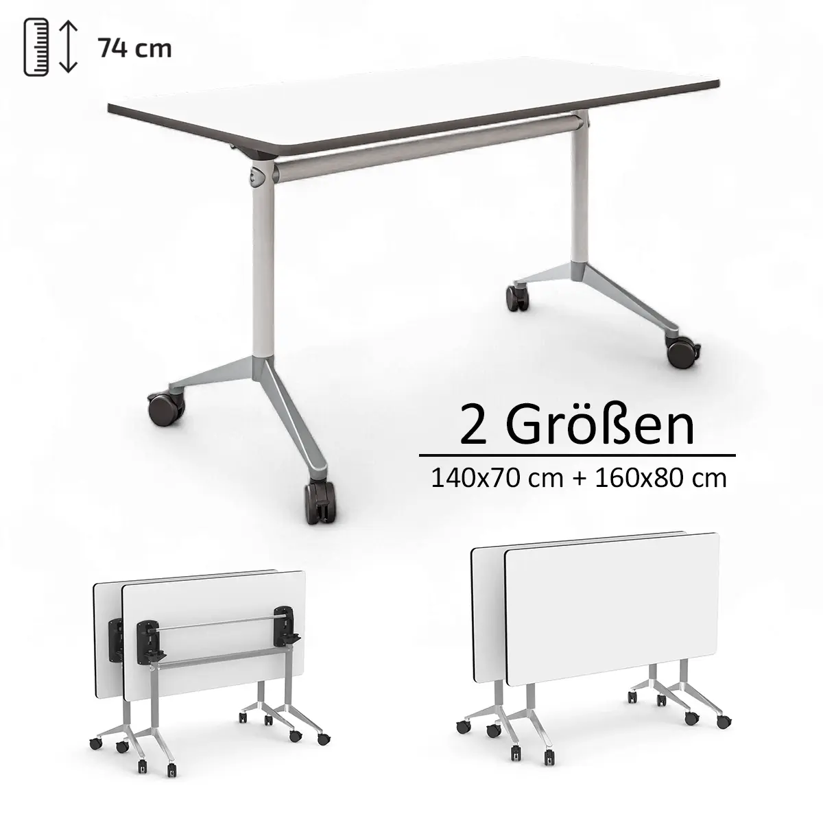 Mobiler Klapptisch | 74 cm Höhe - UNE-EN 1729-1 zertifiziert - Schwerlastrollen mit Bremssystem - Wählbar 140x70/160x80 cm