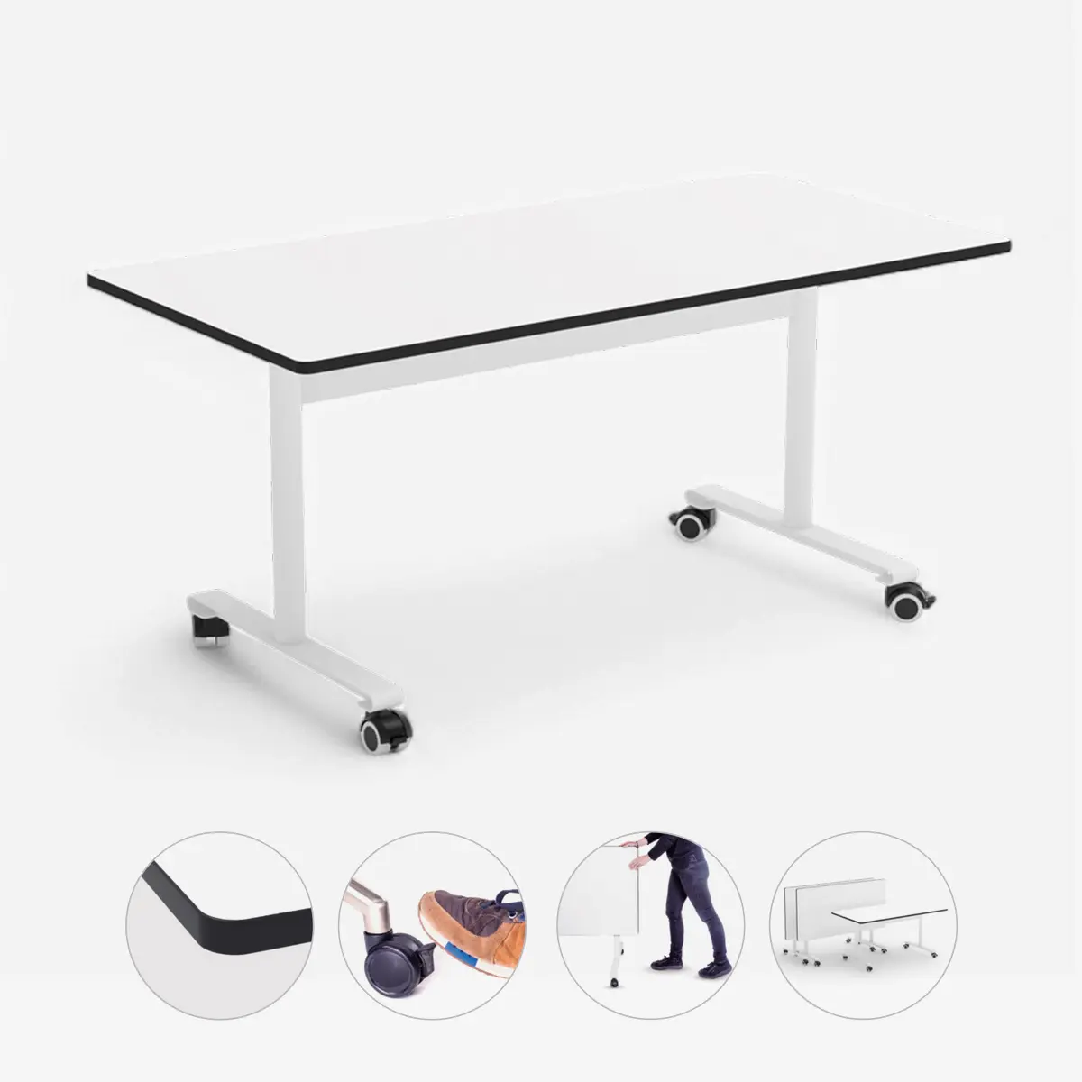 Mobiler Klapptisch | 139x68 cm Tischfläche - Schwerlastrollen mit Bremsen - EN 1729-1 zertifiziert - 4 Höhen 46-65cm