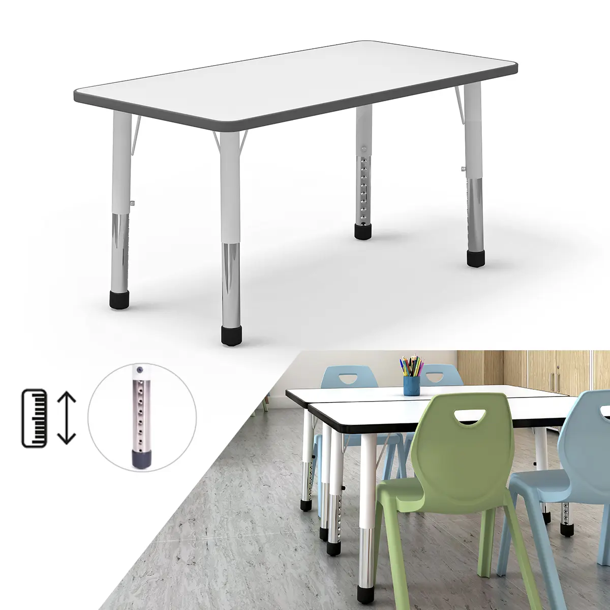 Höhenverstellbarer Schülertisch | 4-stufige Höhenverstellung 65-159 cm - MDF-Platte 19 mm - EN 1729-1 zertifiziert - 3 Jahre Garantie