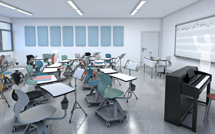 Schülerstühle mit schwenkbarem Tisch im Musikunterricht an weiterführender Schule