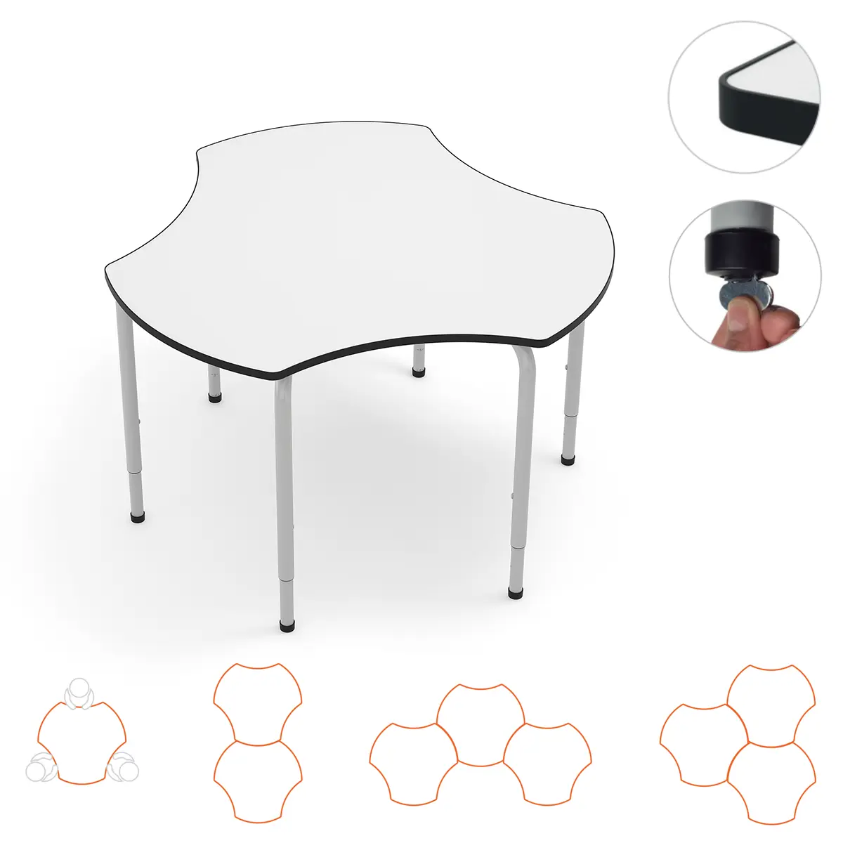 Schüler-Gruppentisch | Höhenverstellung 46-76 cm - 3 Arbeitsplätze 123 cm - EN 1729 zertifiziert - Bodenausgleichschrauben