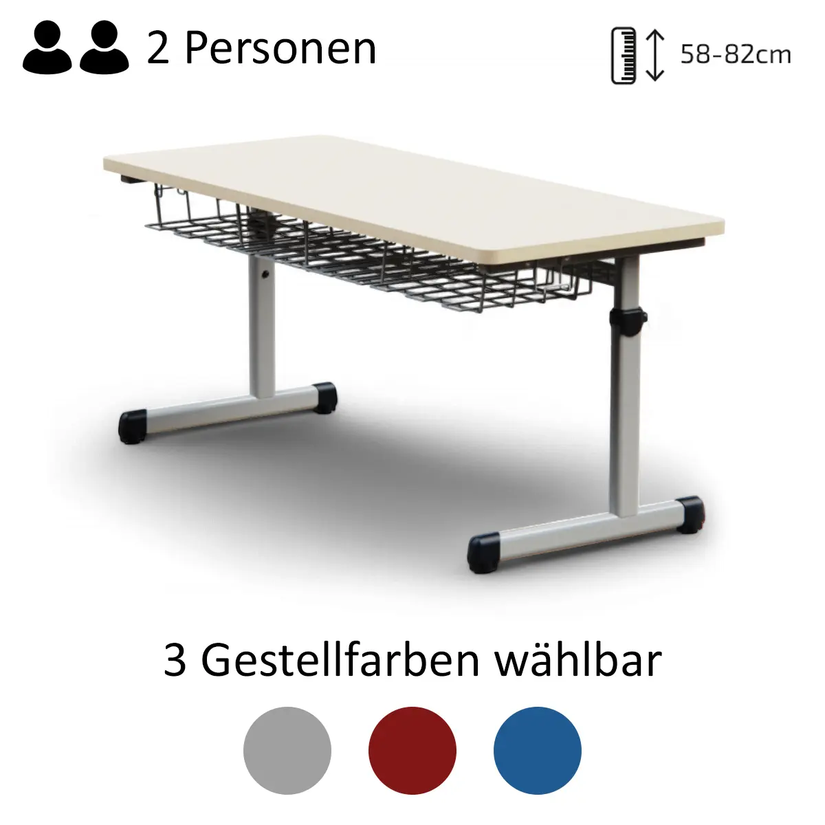 Schüler-Zweiertisch | Höhenverstellbar 58-82 cm - EN 1729 zertifiziert - 130x55 cm Arbeitsfläche - 2 Jahre Garantie