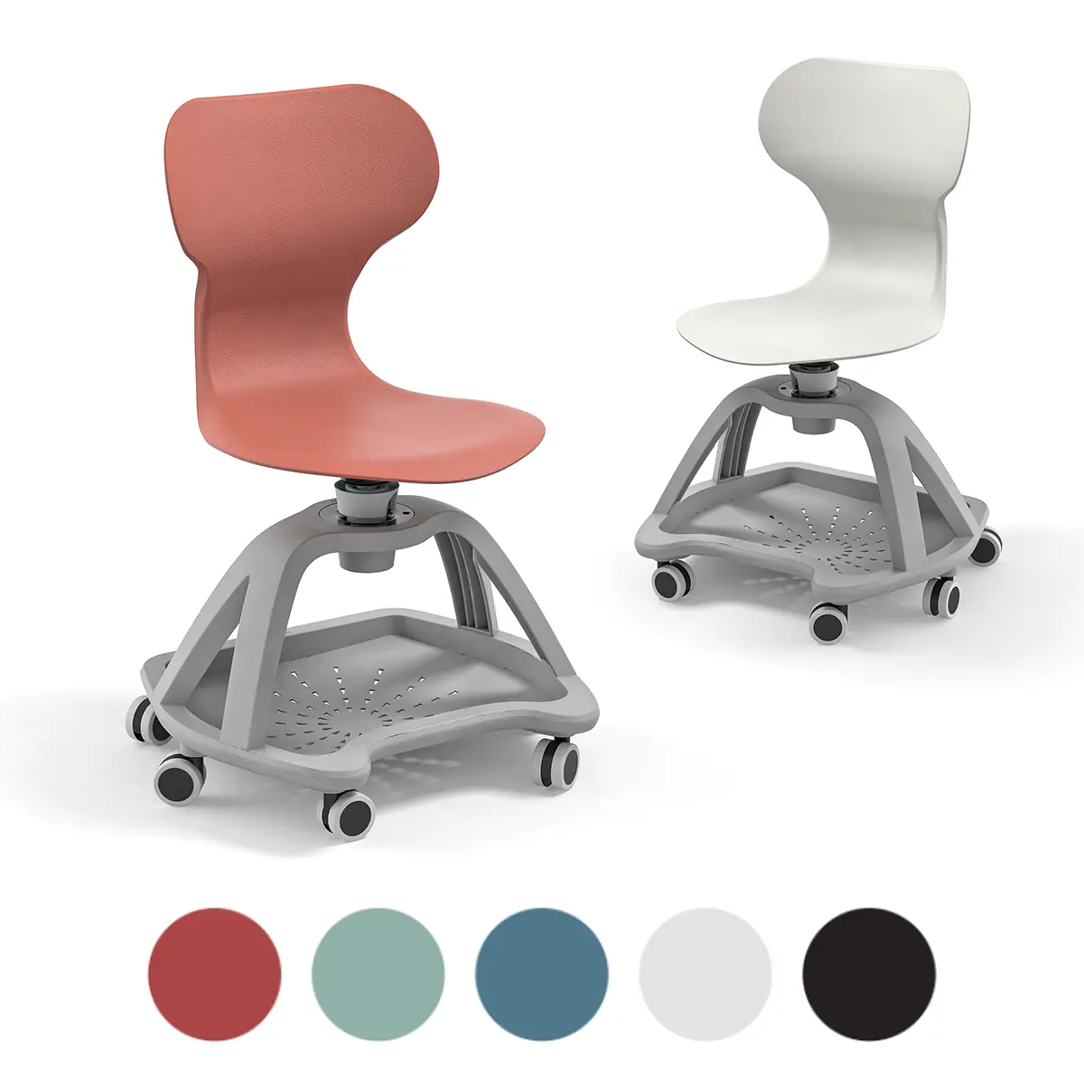 Schülerstuhl | Drehbare Sitzfläche 49,5 cm - Lordosenstütze - 6 Rollen Ø65mm - Ablagefach