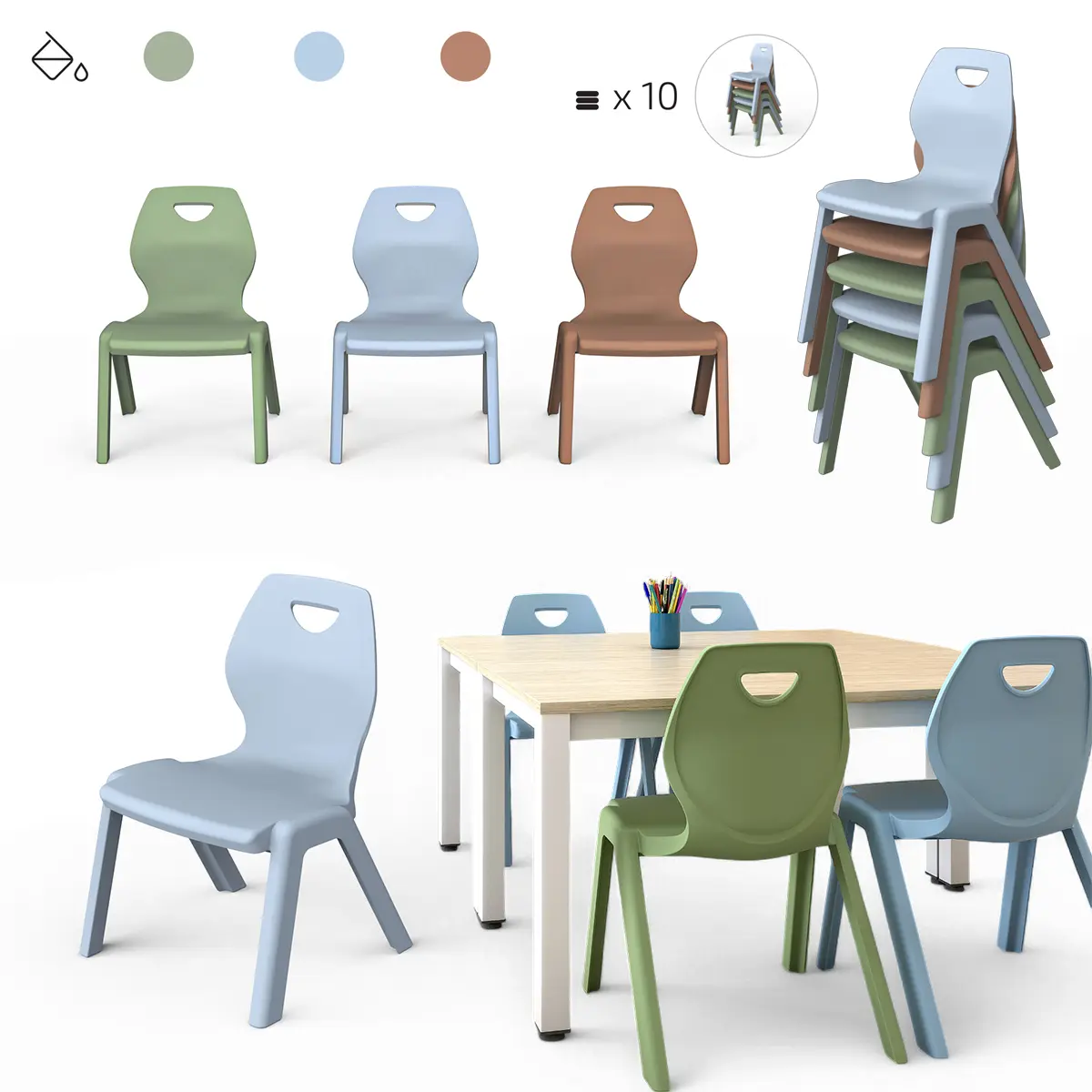 Schul-Kinderstuhl | 60% Recycling-Material - Stapelbar bis 10 Stück - 6 Höhen 26-46 cm - EN 1729-1 geprüft