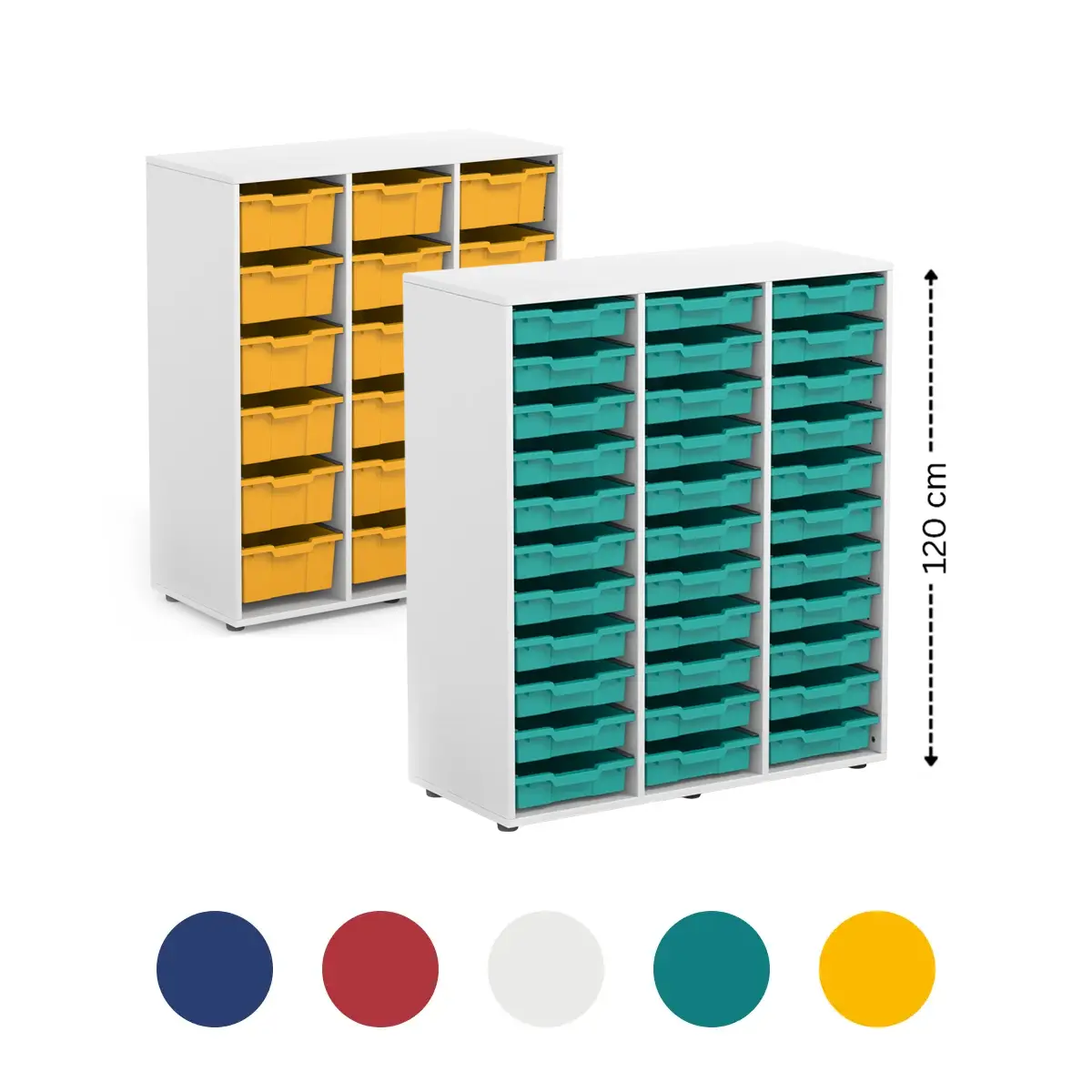 Schulmaterialschrank | Kunststoffboxen - 119,8 x 45 x 32,1 cm - 19 mm Spanplatten - 4 Nivellierer