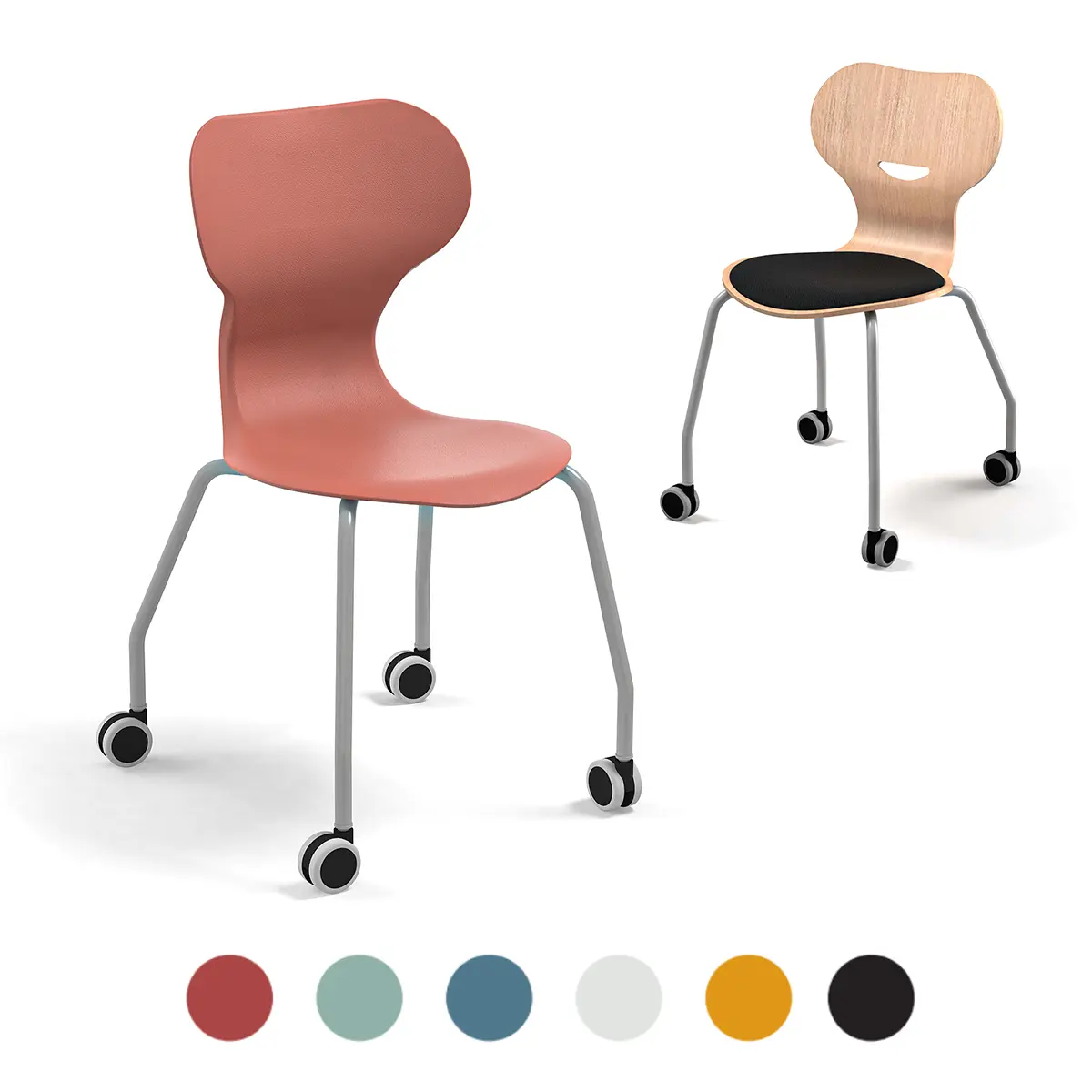 Schulstuhl mit Rollen | Glasfaserverstärktes PP - Stapelbar bis 4 Stück - 3 Größen 37-46 cm Sitzhöhe - EN 1729 zertifiziert