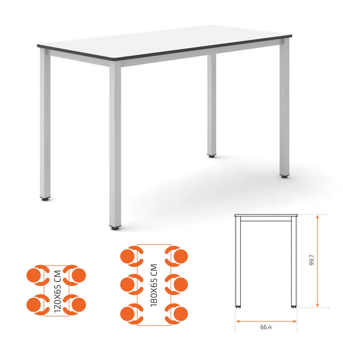 Stehtisch | 100 cm Höhe - 181,4 x 66,4 cm Arbeitsfläche - 19 mm MDF-Platte mit ABS-Kante - EN 1729 zertifiziert