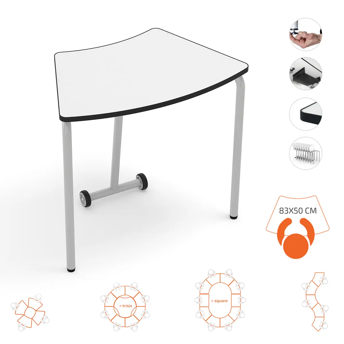 Trapezförmiger Schultisch | 19 mm Melaminplatte - Aluminium-Gestell Ø35 mm - EN 1729-1 zertifiziert