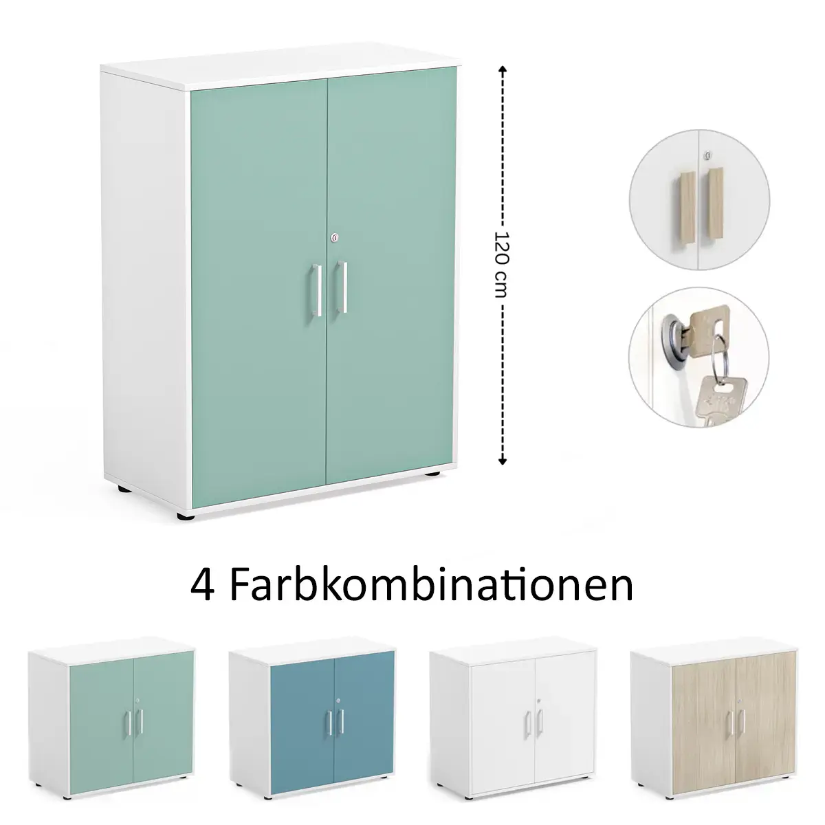 Flügeltürenschrank abschließbar | 90 x 120 cm - 19 mm Melaminbeschichtung - 3 verstellbare Fächer - 16,24 kg Belastung