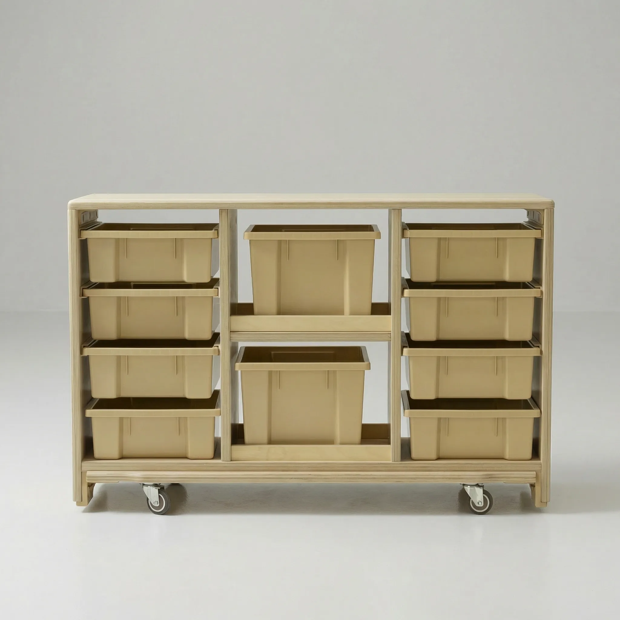Aufbewahrungswagen aus Birkensperrholz mit 8 flachen und 2 hohen Kunststoffboxen auf Rollen – Frontalansicht