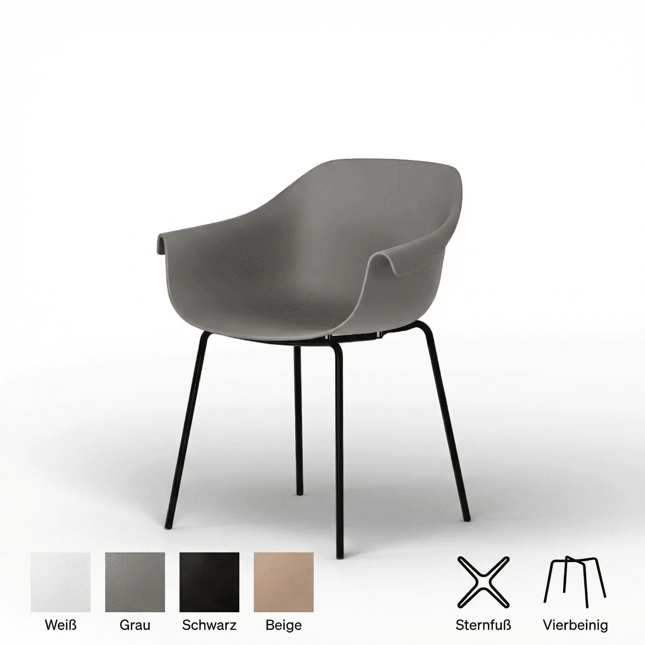 Schalenstuhl mit Armlehnen in Grau und schwarzem 4-Bein-Gestell, darunter vier Farbvarianten (Weiß, Grau, Schwarz, Beige) und zwei Gestelloptionen (Sternfuß, Vierbeinig)