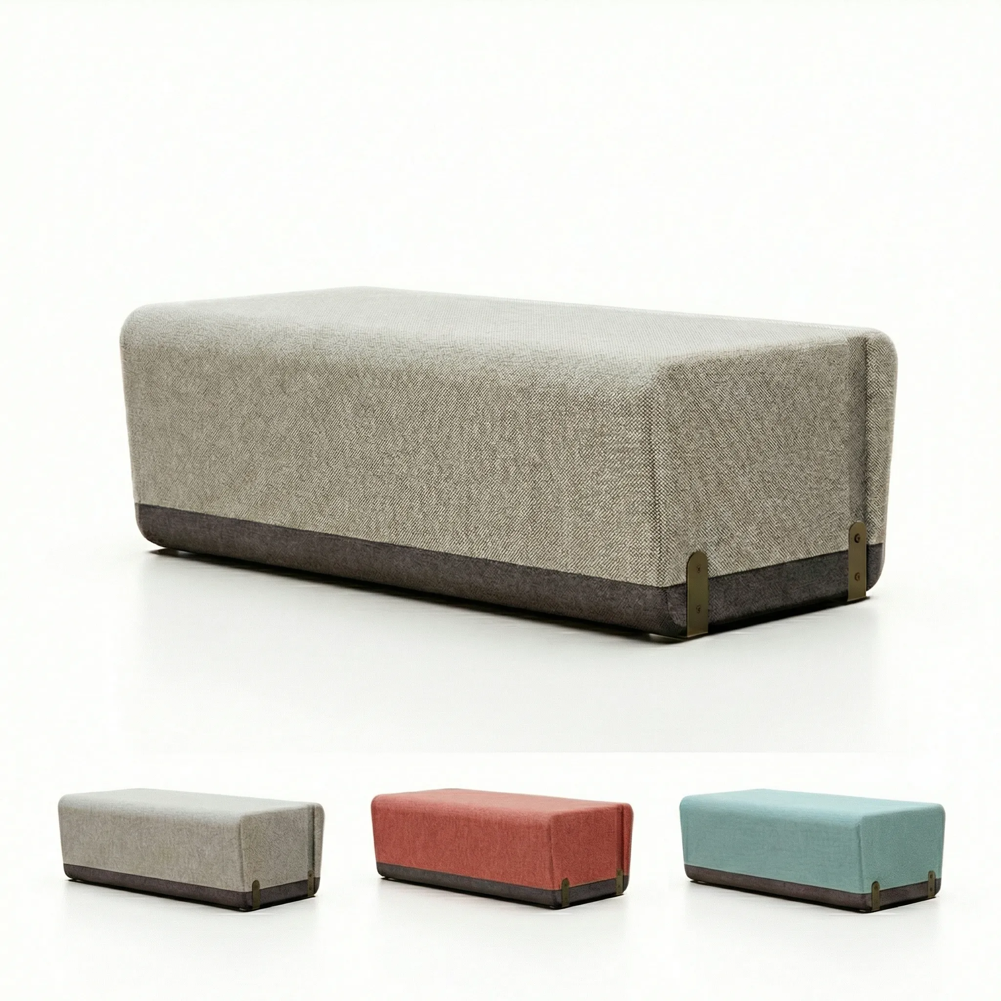 Rechteckiges gepolstertes Sitzelement mit dunkelgrauem Fußsaum in drei Farben: Grau, Korallrosa und Hellblau