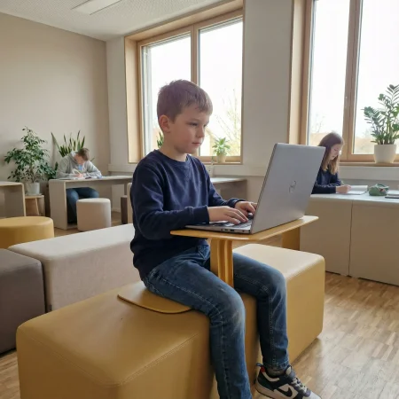 Grundschüler lernt mit Laptop am Z-Tool Sitztisch im Klassenzimmer